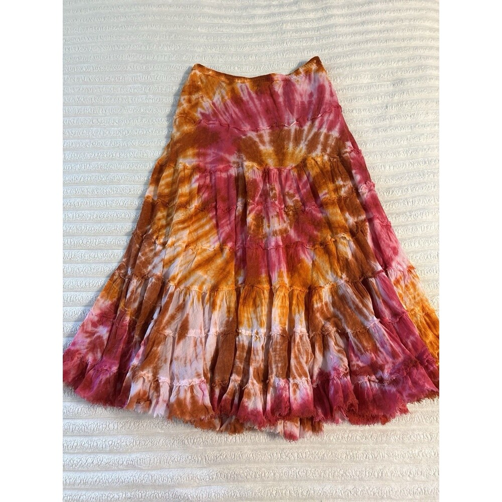 Solitaire Spiral Tie Dye Maxi Skirt Womens Large Pink Orange Boho Twirlable Tier